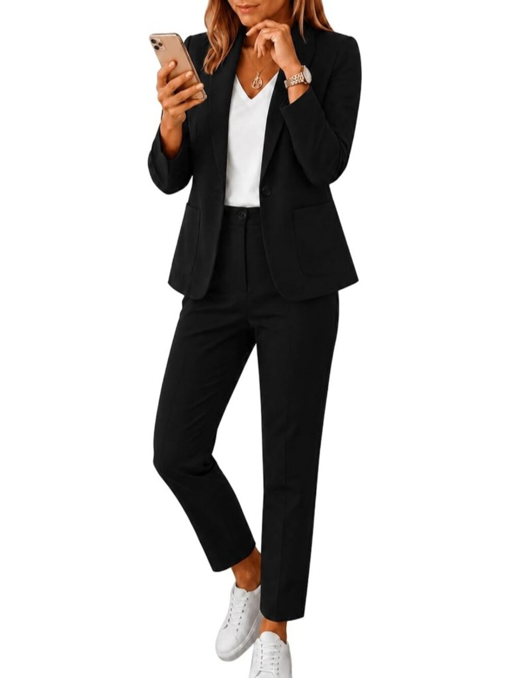 Chic Women's 2-Piece Business Suit Set - Stretchy Blazer & High Waist Pants